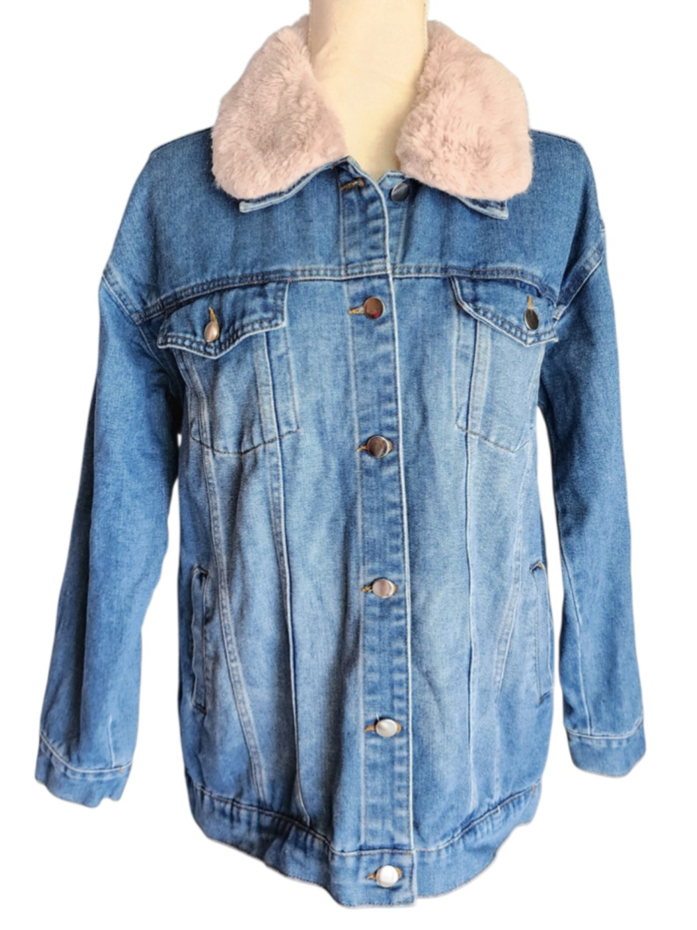 Story On Los Angeles Women’s M Blue Denim Jean Trucker Jacket Pink Sherpa Fur